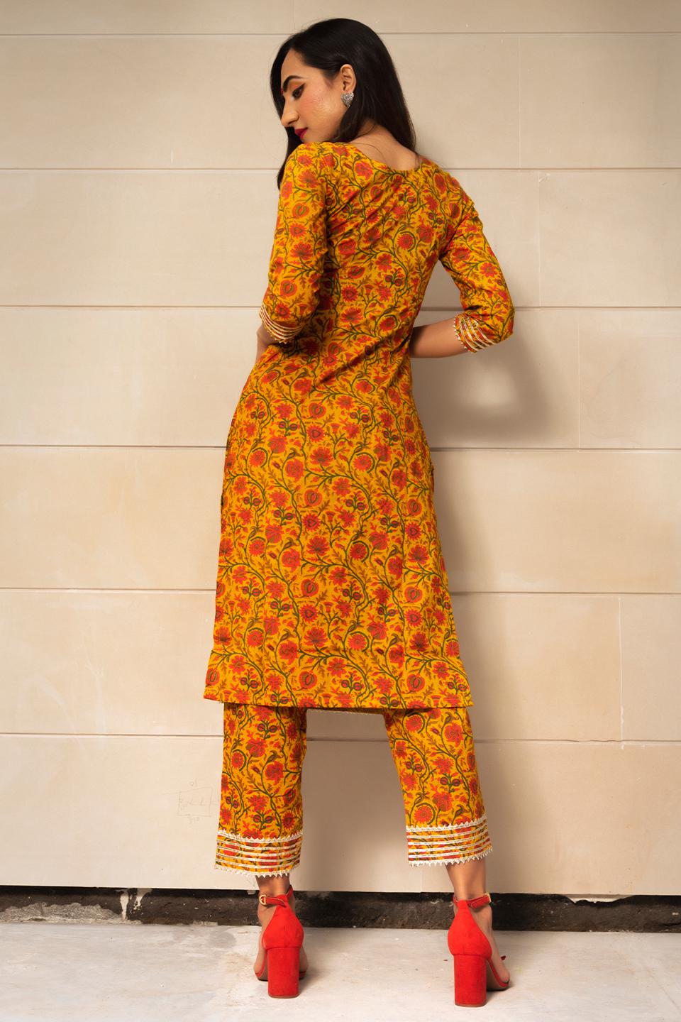 mustard-yellow-hand-block-print-kurta-set-11403148YL, Women Indian Ethnic Clothing, Cotton Kurta Set Dupatta