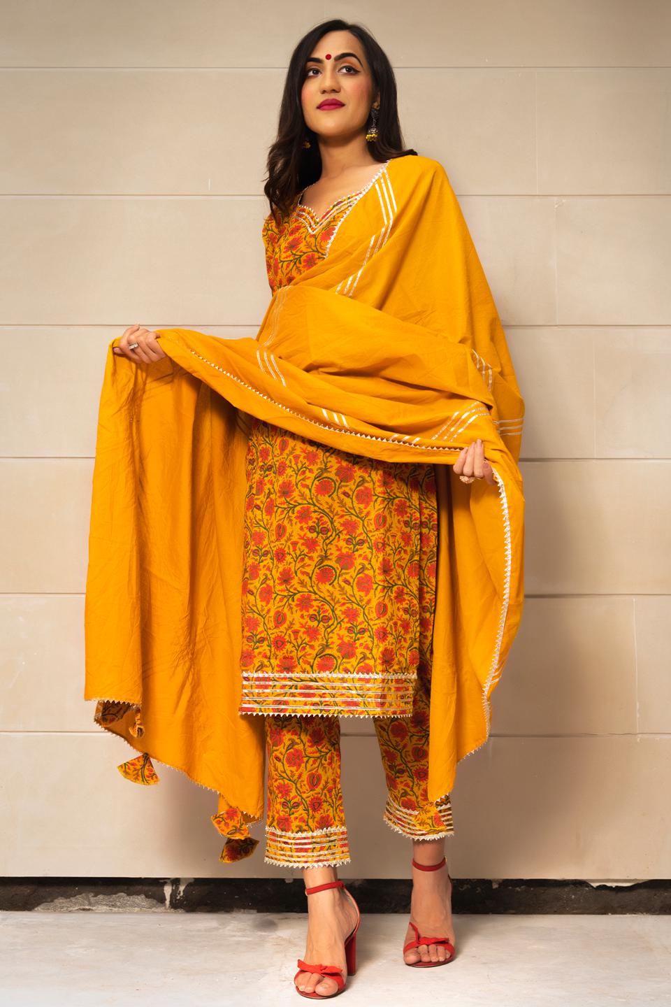 mustard-yellow-hand-block-print-kurta-set-11403148YL, Women Indian Ethnic Clothing, Cotton Kurta Set Dupatta