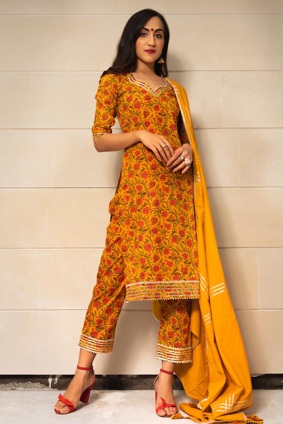 mustard-yellow-hand-block-print-kurta-set-11403148YL, Women Indian Ethnic Clothing, Cotton Kurta Set Dupatta
