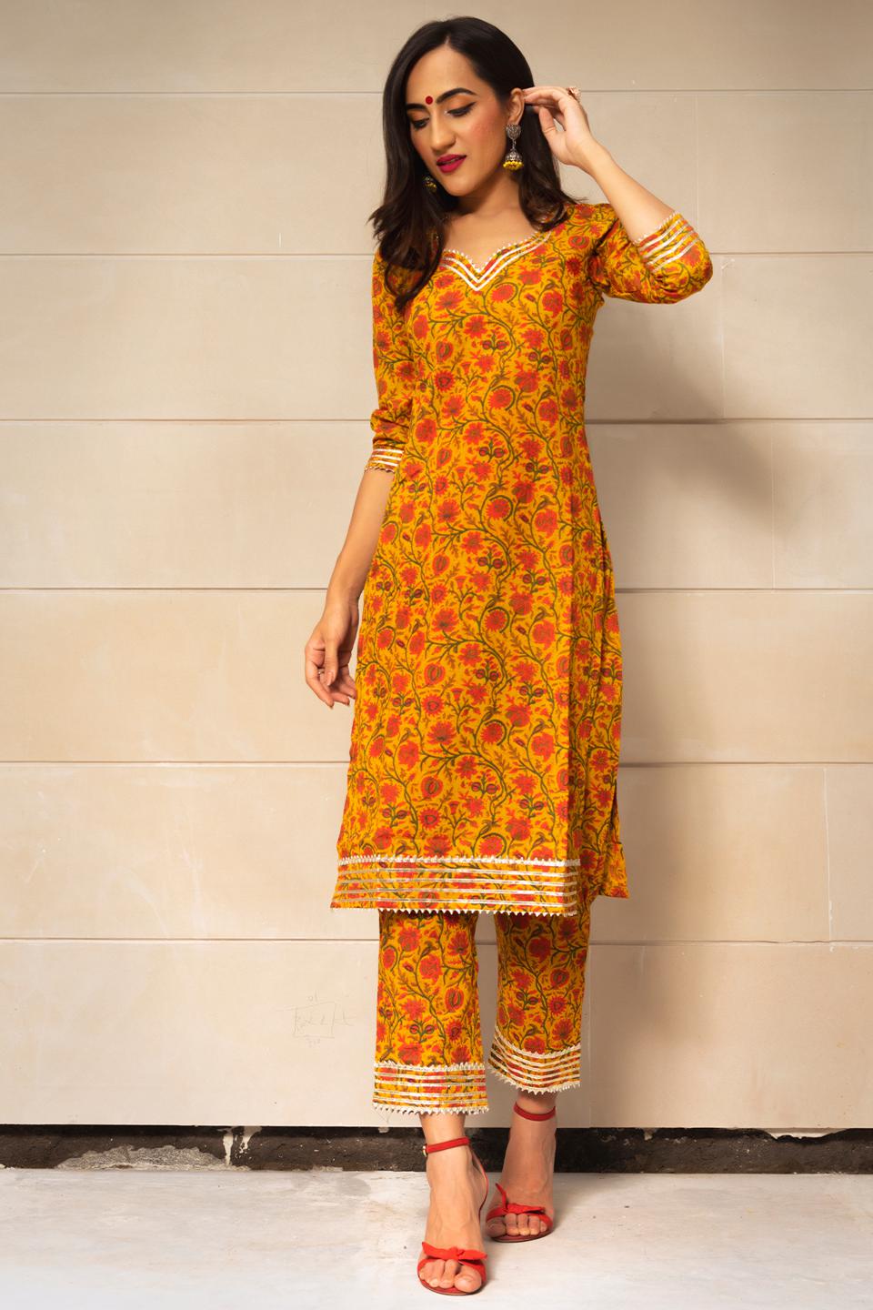 mustard-yellow-hand-block-print-kurta-set-11403148YL, Women Indian Ethnic Clothing, Cotton Kurta Set Dupatta