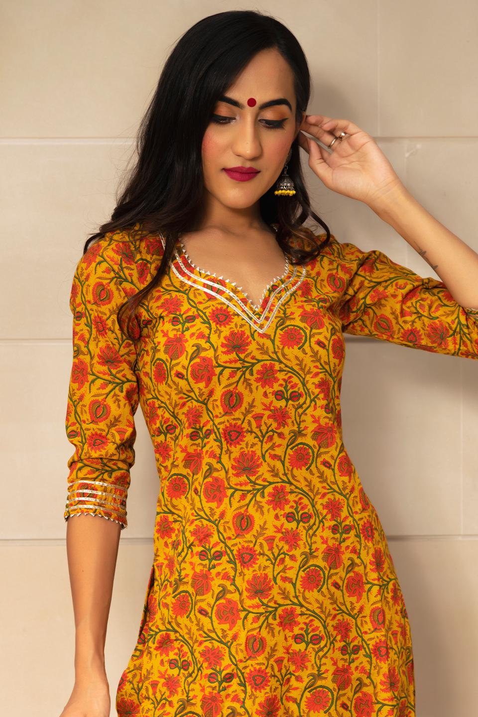 mustard-yellow-hand-block-print-kurta-set-11403148YL, Women Indian Ethnic Clothing, Cotton Kurta Set Dupatta