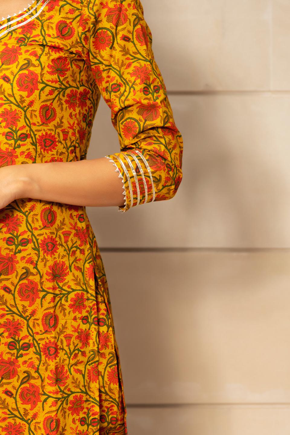 mustard-yellow-hand-block-print-kurta-set-11403148YL, Women Indian Ethnic Clothing, Cotton Kurta Set Dupatta