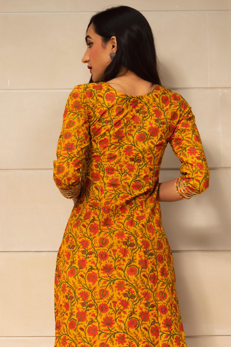 mustard-yellow-hand-block-print-kurta-set-11403148YL, Women Indian Ethnic Clothing, Cotton Kurta Set Dupatta