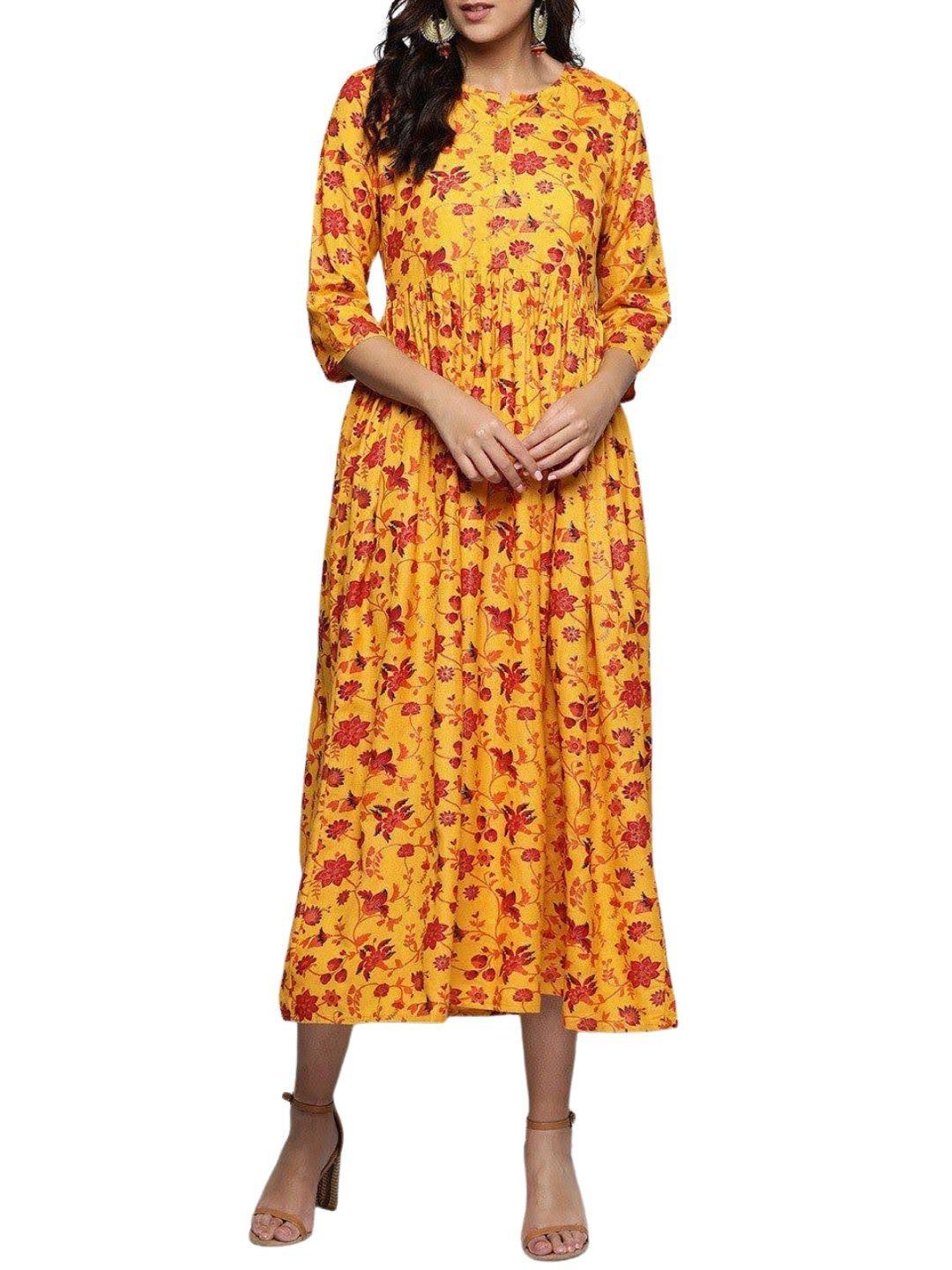 Mustard Yellow & Red Printed A-Line Dress online in USA | Easy Returns - Fledgling Wings M Mustard Yellow & Red Printed A-Line Dress online in USA | Easy Returns - Fledgling Wings M