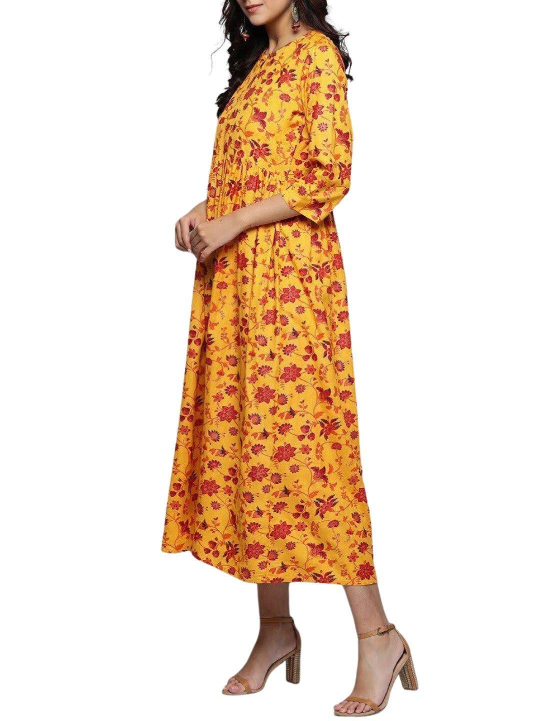 mustard-yellow-red-printed-a-line-dress-10204108YL, Women Clothing, Cotton Dress