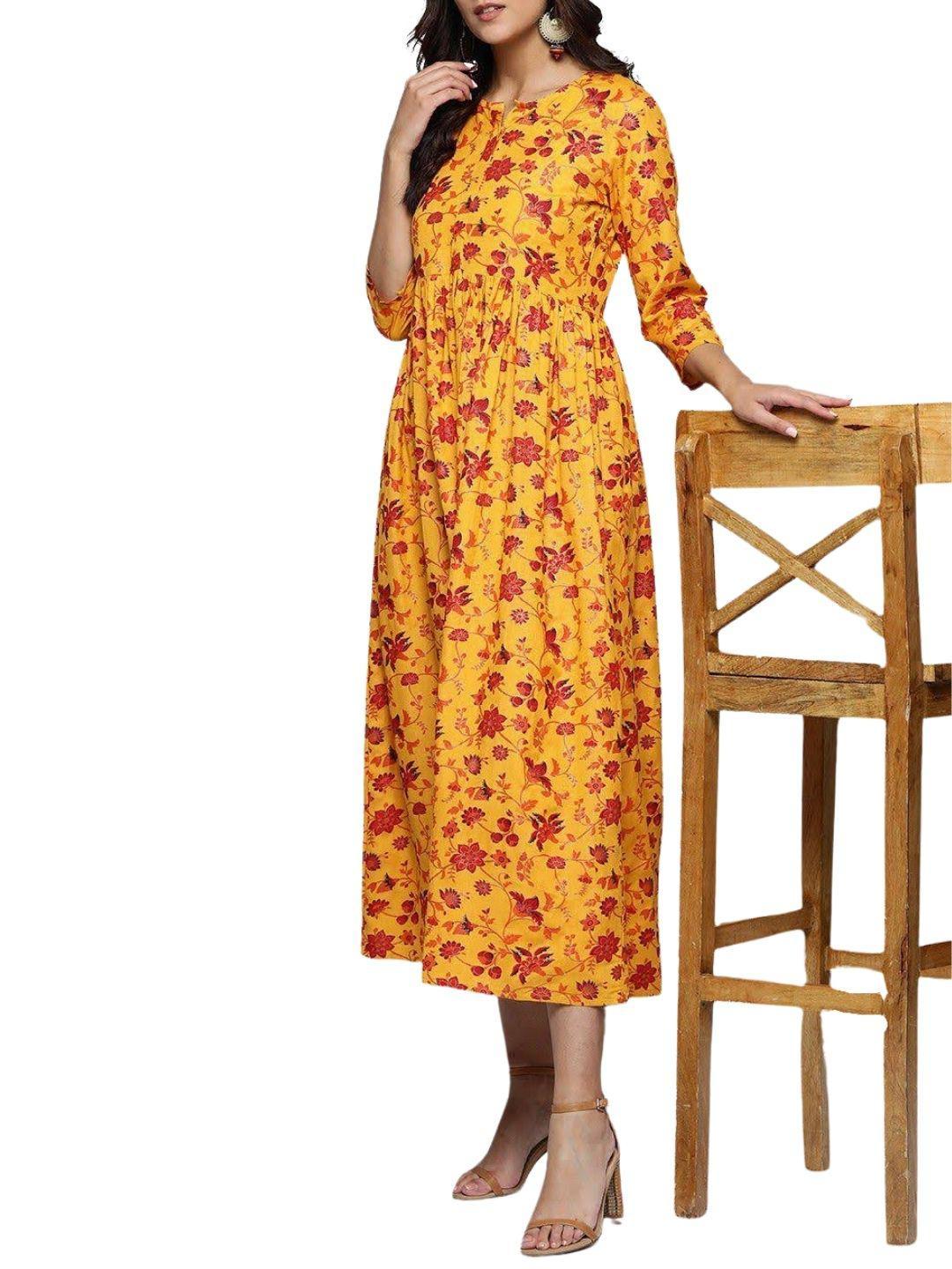 mustard-yellow-red-printed-a-line-dress-10204108YL, Women Clothing, Cotton Dress