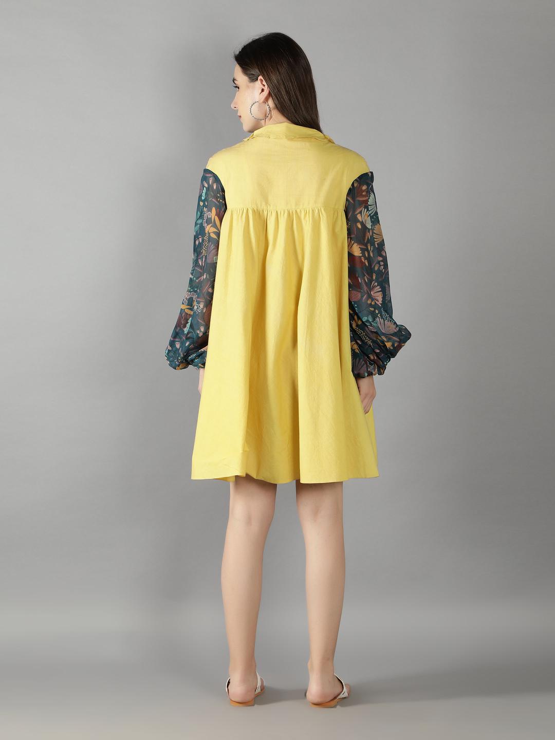 Muted Lime High Collared Puff Organza Sleeves Skater Dress