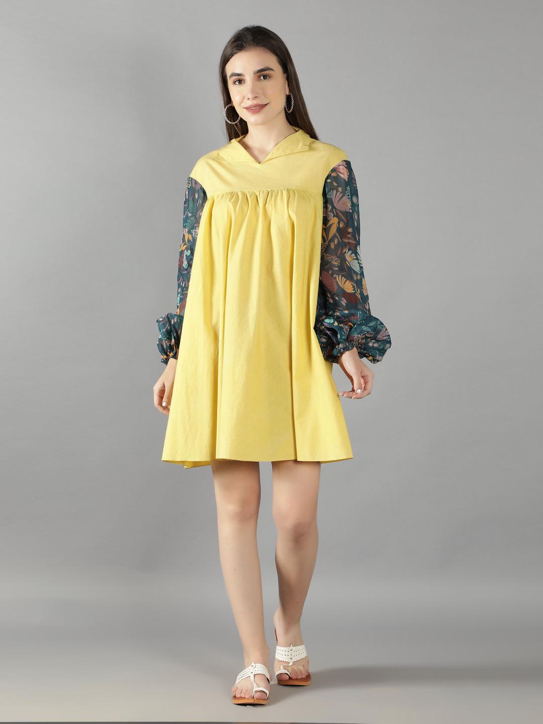 Muted Lime High Collared Puff Organza Sleeves Skater Dress