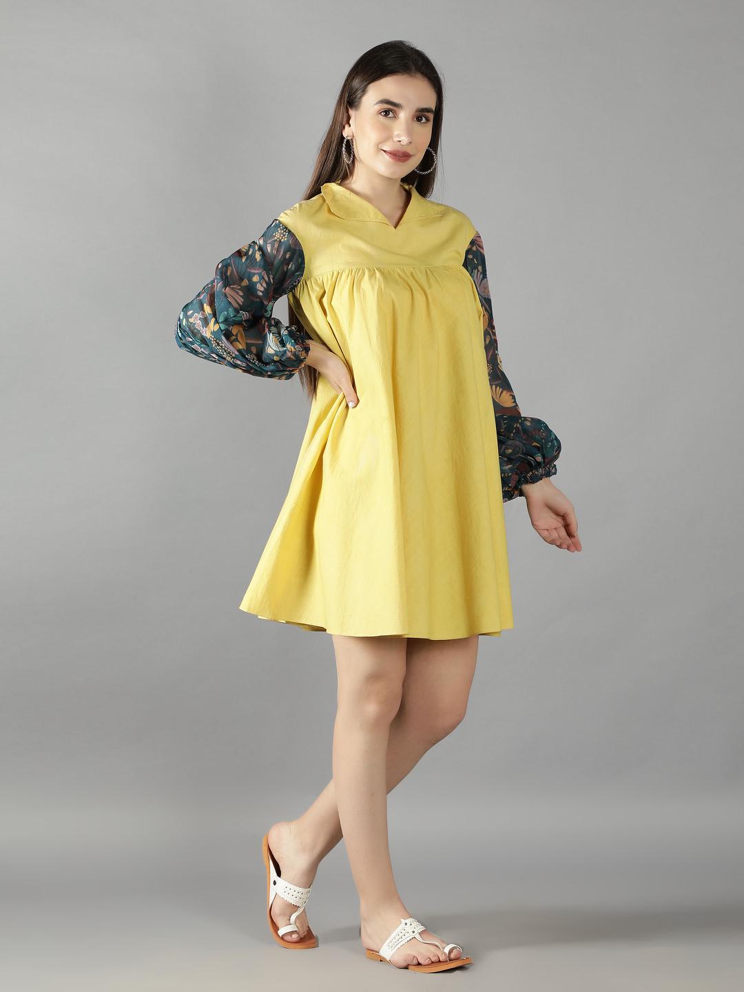 Muted Lime High Collared Puff Organza Sleeves Skater Dress
