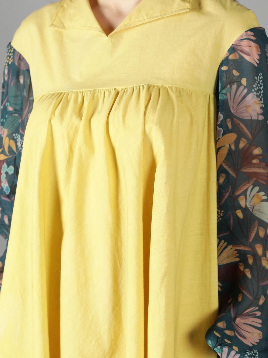 Muted Lime High Collared Puff Organza Sleeves Skater Dress