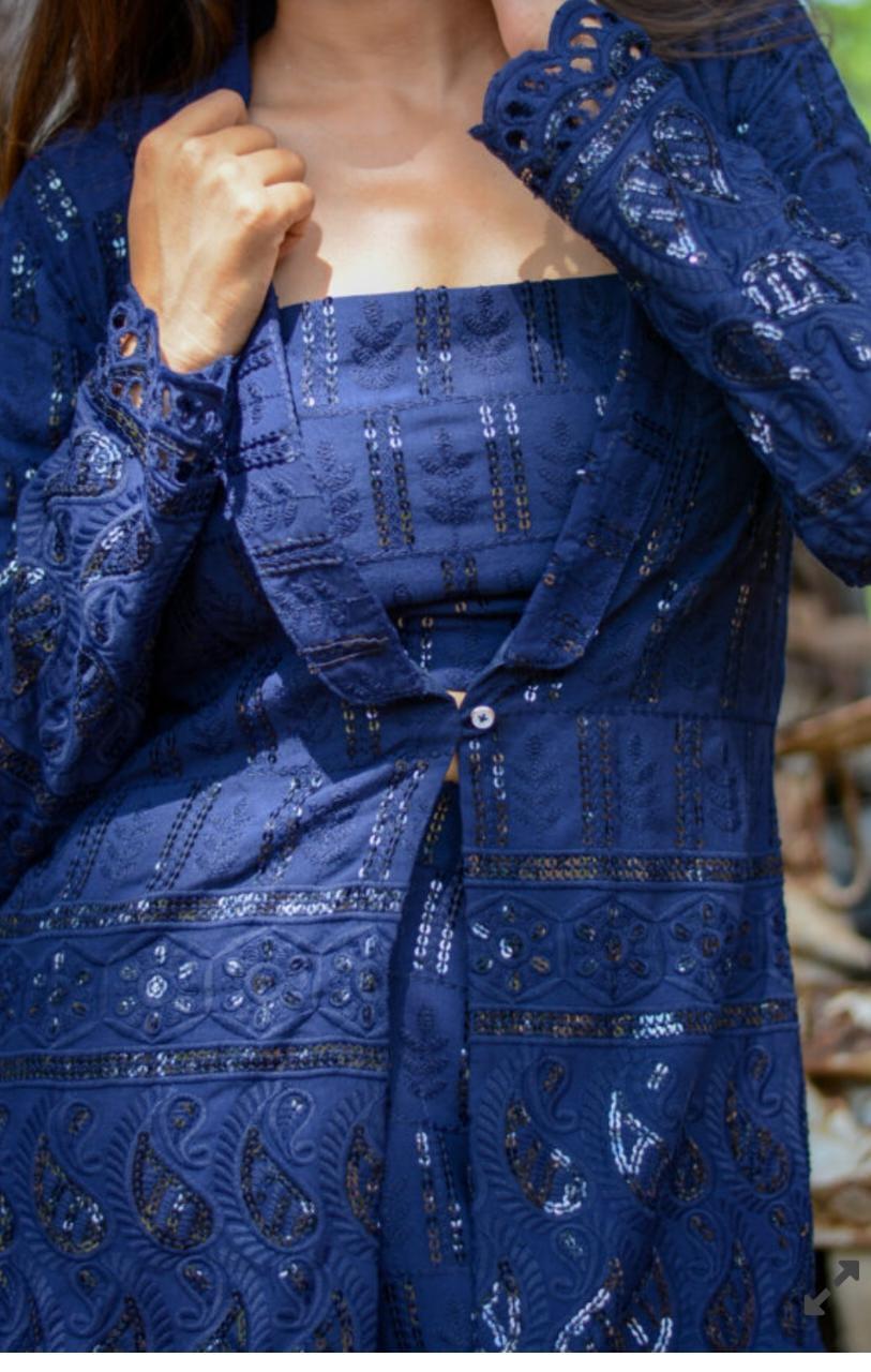 navy-blue-chikankari-co-ord-set-11640025BL, Women Clothing, Chikankari Matching Set