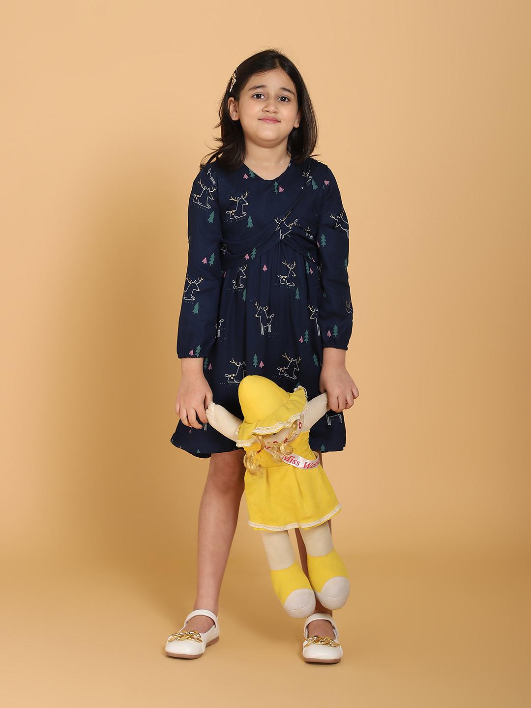 navy-blue-dear-print-panelled-dress-10510093BL, Kids Clothing, Viscose Girl Dress