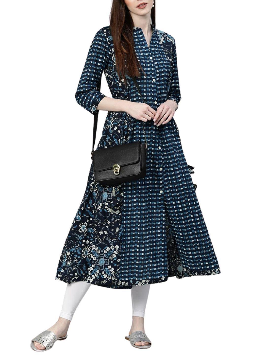 navy-blue-printed-a-line-kurta-10001012BL, Women Indian Ethnic Clothing, Cotton Kurta