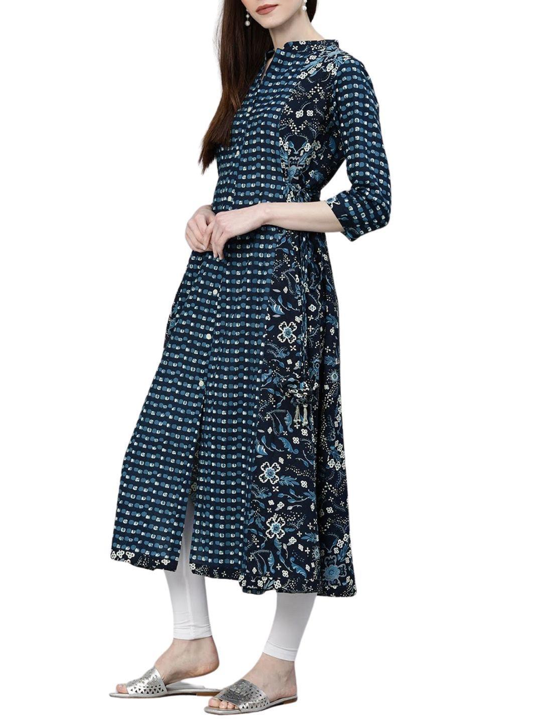 navy-blue-printed-a-line-kurta-10001012BL, Women Indian Ethnic Clothing, Cotton Kurta