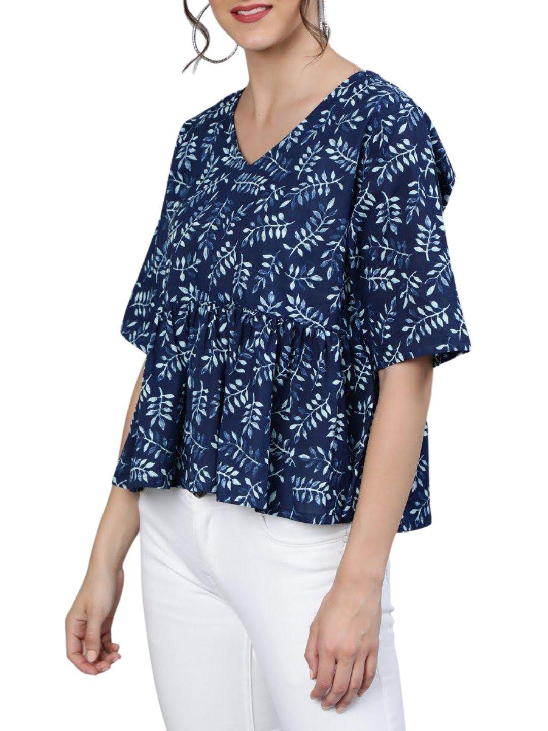 navy-blue-white-floral-printed-pure-cotton-top-10207114BL, Women Clothing, Cotton Top