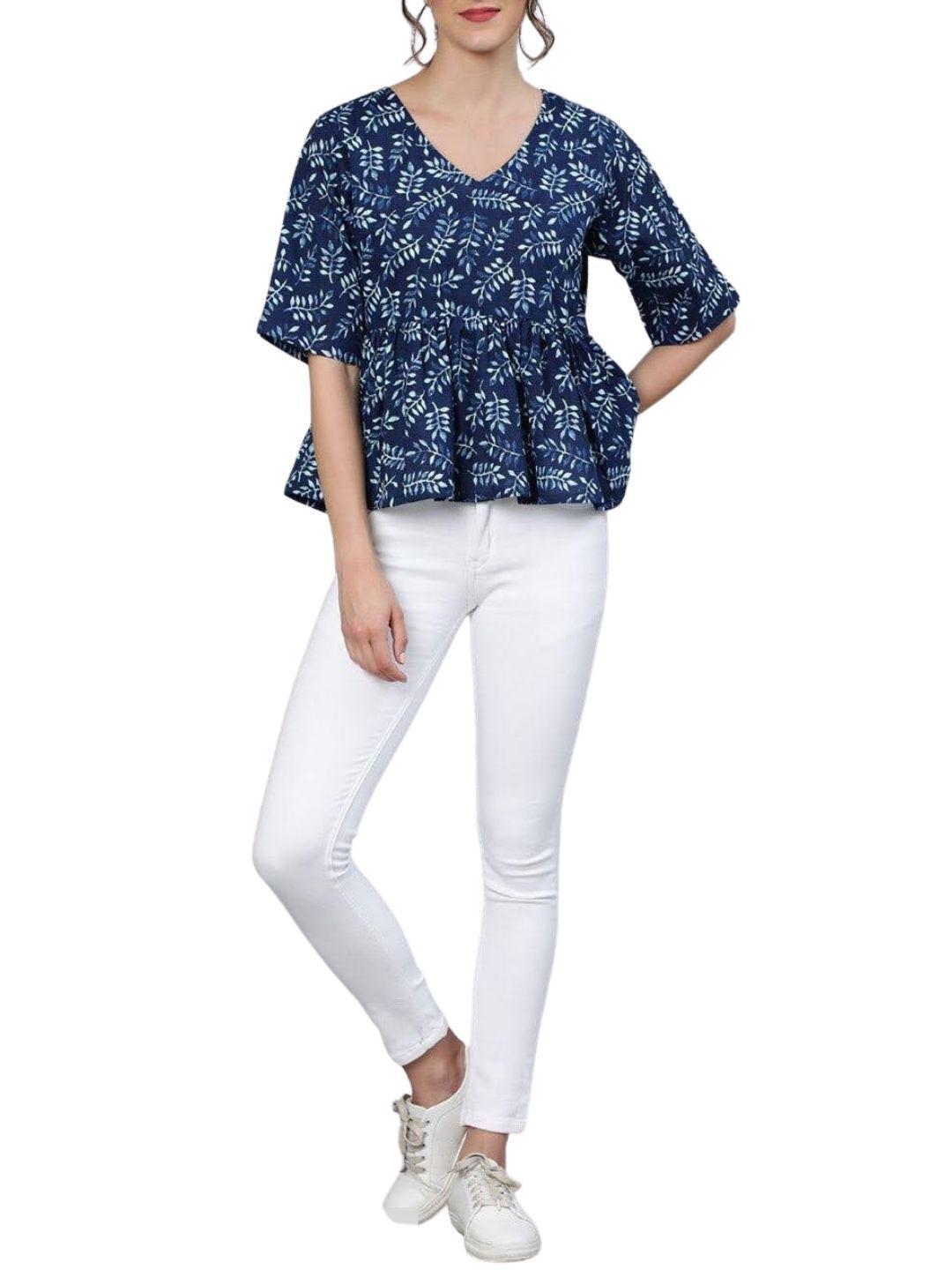 navy-blue-white-floral-printed-pure-cotton-top-10207114BL, Women Clothing, Cotton Top