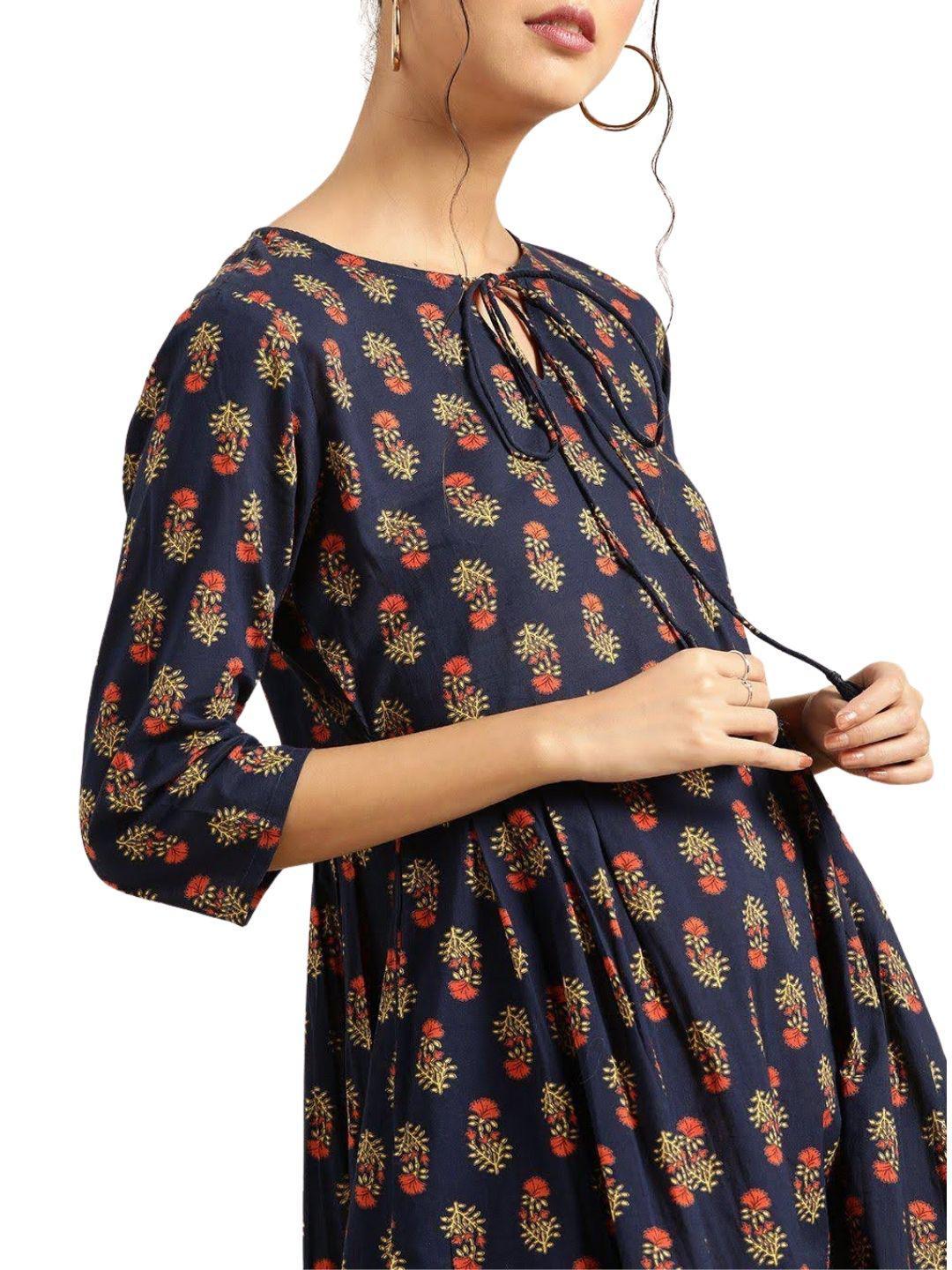 navy-blue-yellow-ethnic-motifs-ethnic-maxi-dress-10204106BL, Women Clothing, Cotton Dress