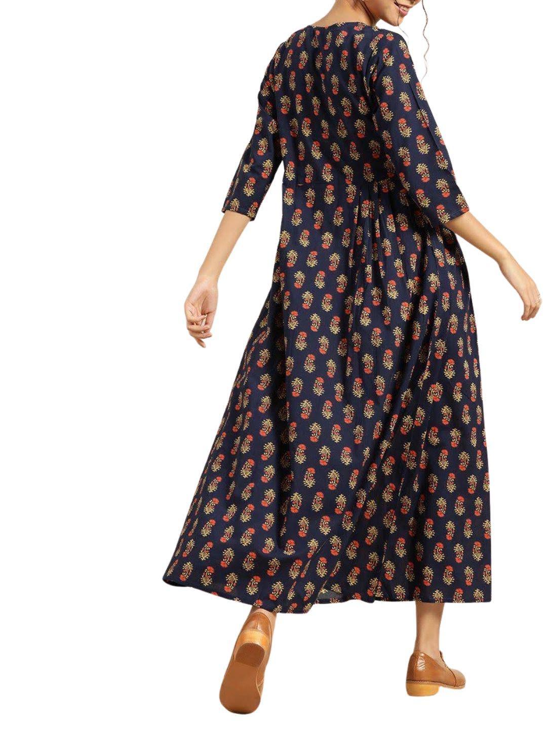 navy-blue-yellow-ethnic-motifs-ethnic-maxi-dress-10204106BL, Women Clothing, Cotton Dress