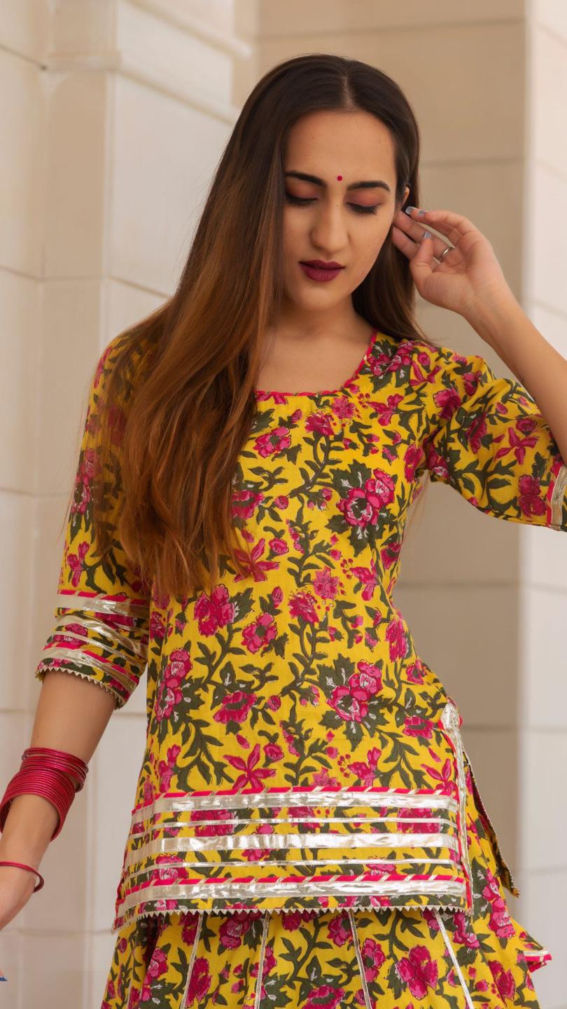 nitara-cotton-hand-block-skirt-set-11403176YL, Women Indian Ethnic Clothing, Cotton Kurta Set Dupatta