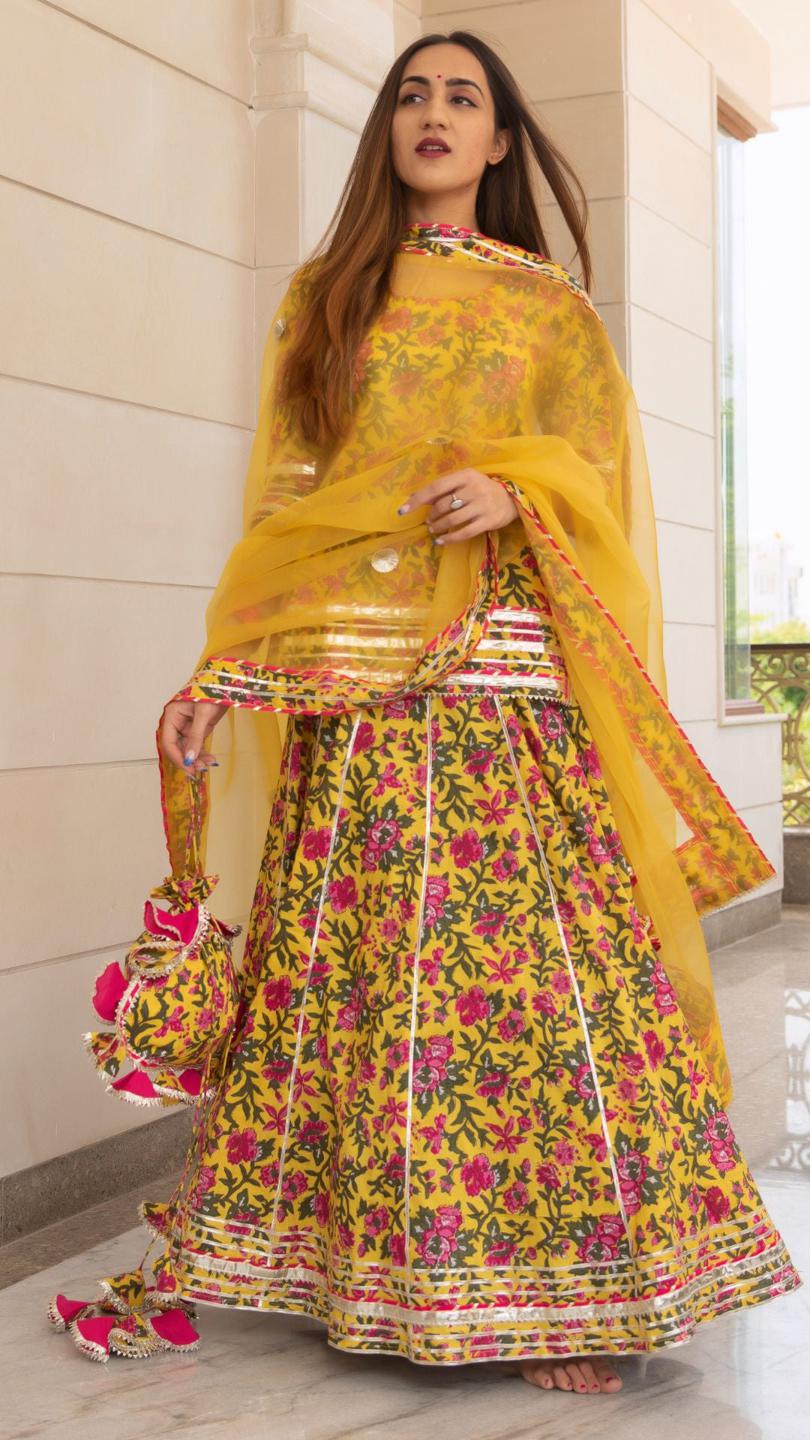 nitara-cotton-hand-block-skirt-set-11403176YL, Women Indian Ethnic Clothing, Cotton Kurta Set Dupatta