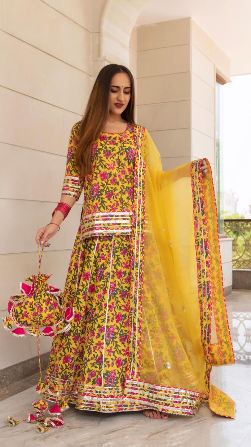 nitara-cotton-hand-block-skirt-set-11403176YL, Women Indian Ethnic Clothing, Cotton Kurta Set Dupatta