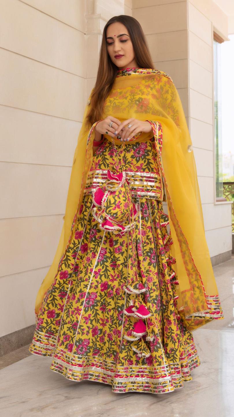 nitara-cotton-hand-block-skirt-set-11403176YL, Women Indian Ethnic Clothing, Cotton Kurta Set Dupatta