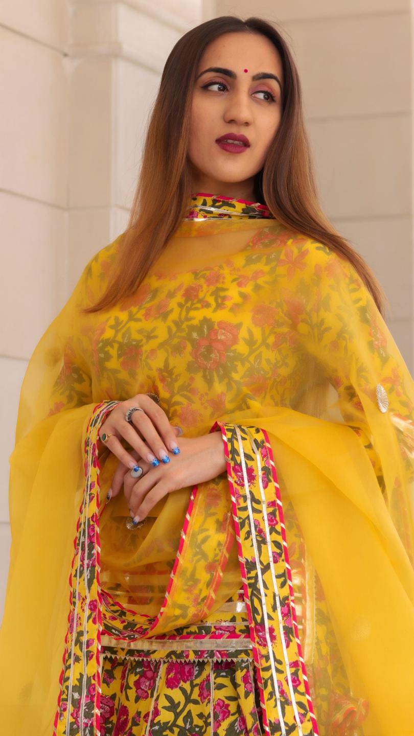 nitara-cotton-hand-block-skirt-set-11403176YL, Women Indian Ethnic Clothing, Cotton Kurta Set Dupatta