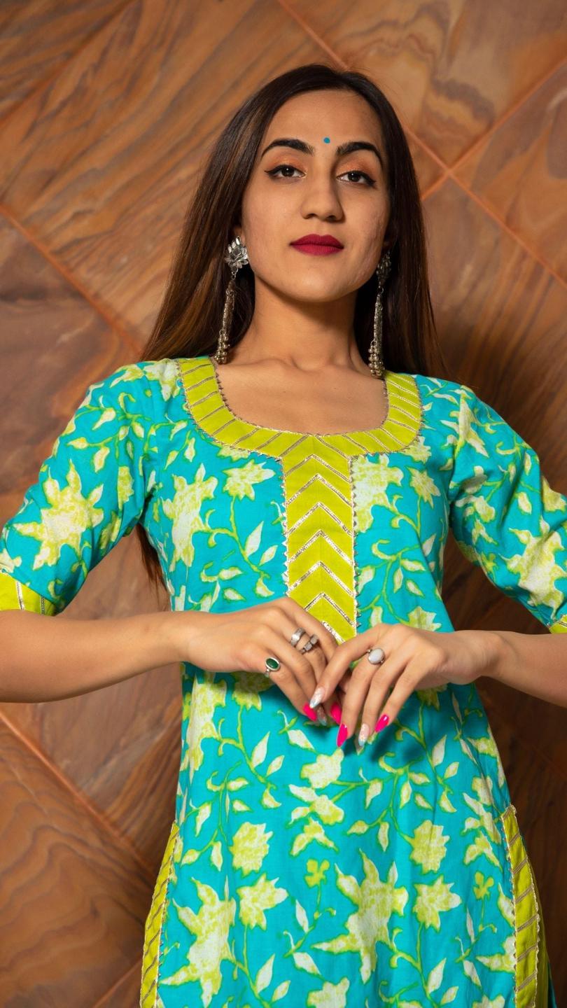 noor-hand-block-cotton-suit-set-11403173BL, Women Indian Ethnic Clothing, Cotton Kurta Set Dupatta