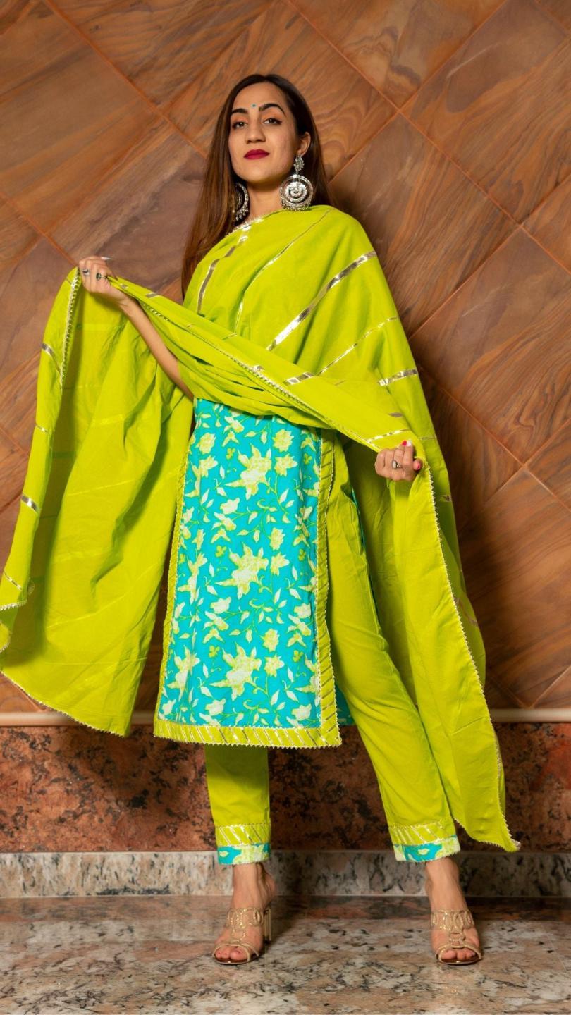 noor-hand-block-cotton-suit-set-11403173BL, Women Indian Ethnic Clothing, Cotton Kurta Set Dupatta