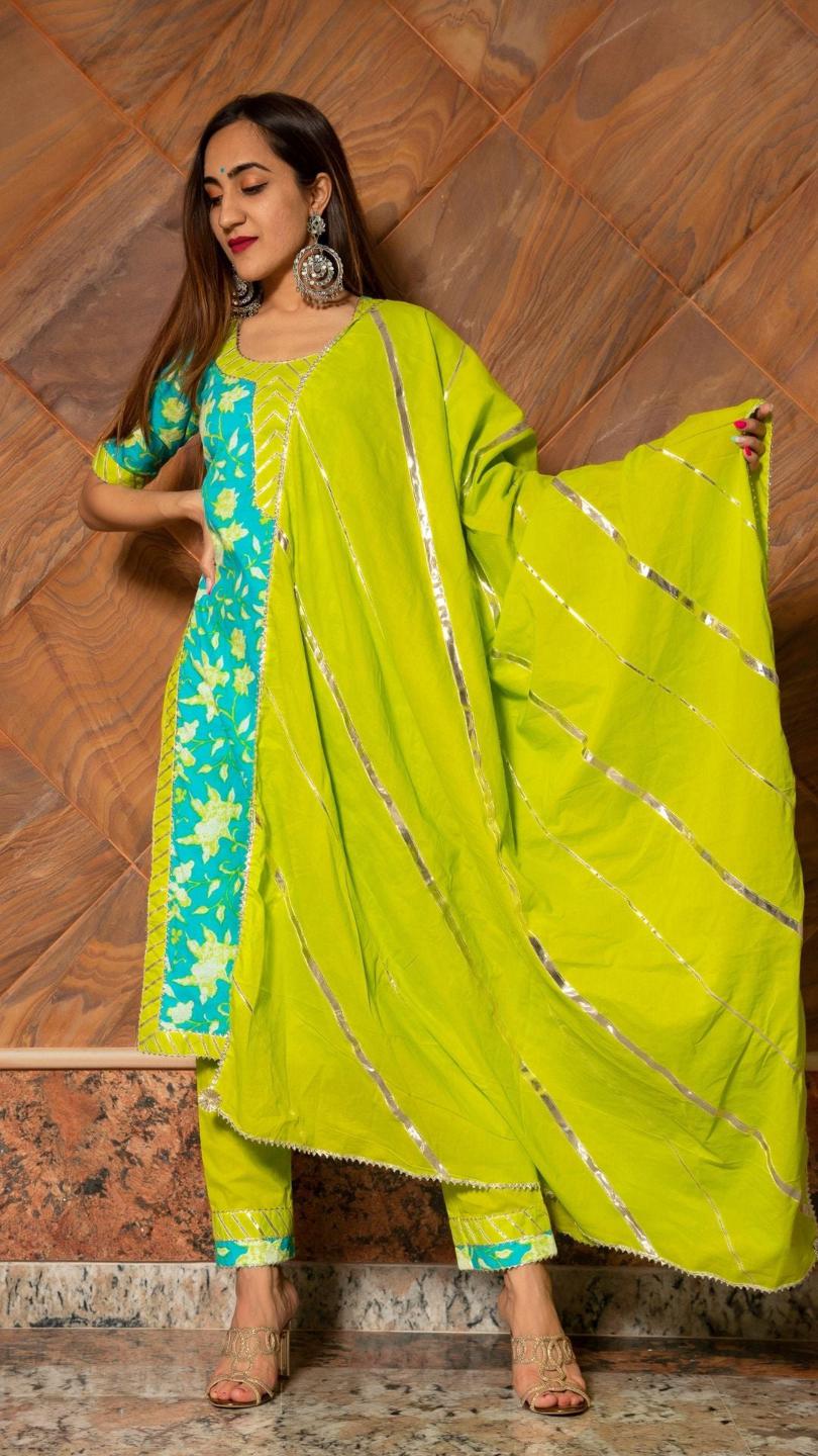 noor-hand-block-cotton-suit-set-11403173BL, Women Indian Ethnic Clothing, Cotton Kurta Set Dupatta