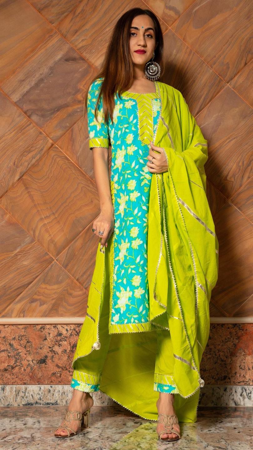 noor-hand-block-cotton-suit-set-11403173BL, Women Indian Ethnic Clothing, Cotton Kurta Set Dupatta