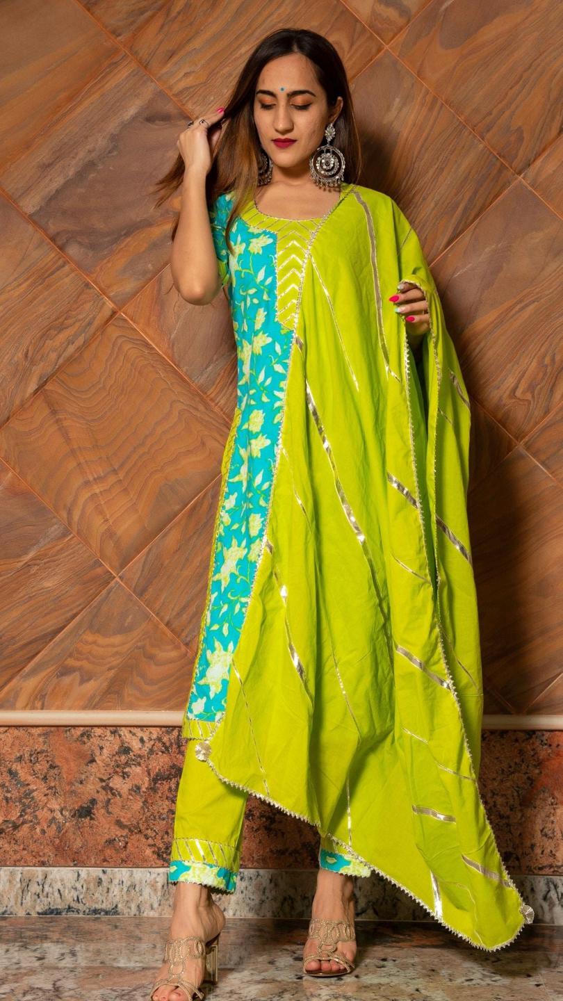 noor-hand-block-cotton-suit-set-11403173BL, Women Indian Ethnic Clothing, Cotton Kurta Set Dupatta