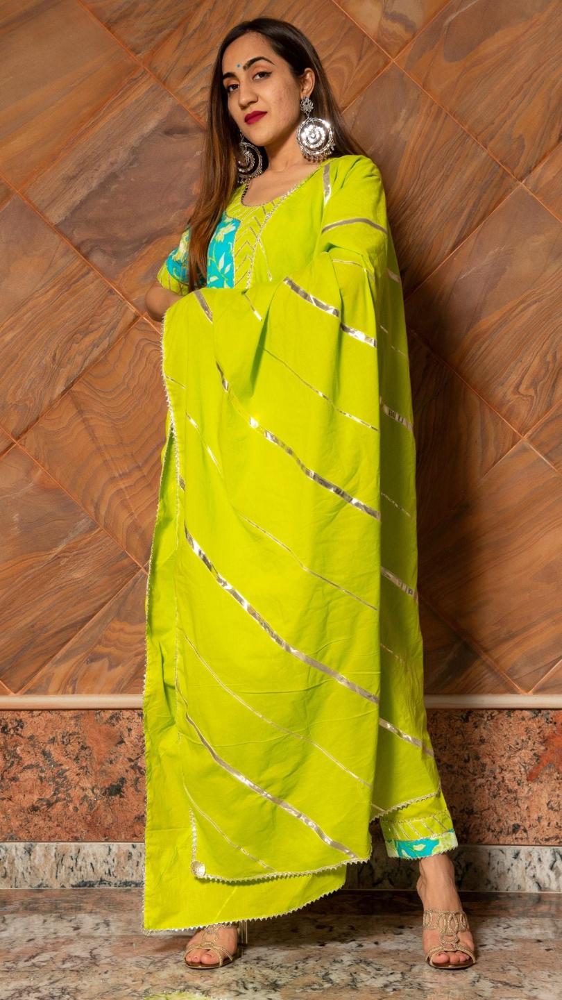 noor-hand-block-cotton-suit-set-11403173BL, Women Indian Ethnic Clothing, Cotton Kurta Set Dupatta