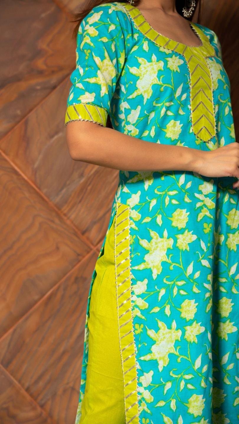 noor-hand-block-cotton-suit-set-11403173BL, Women Indian Ethnic Clothing, Cotton Kurta Set Dupatta