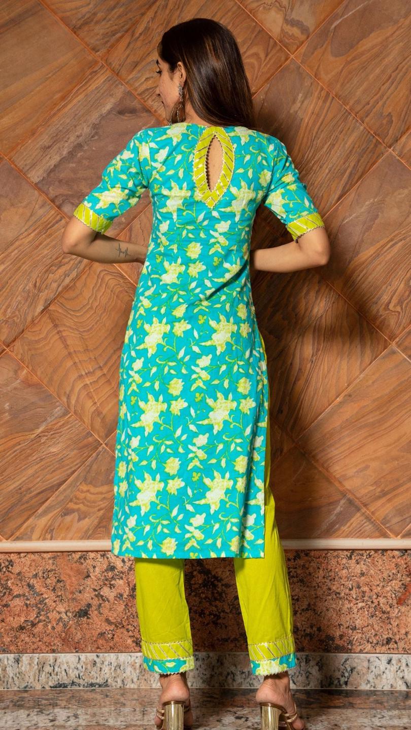 noor-hand-block-cotton-suit-set-11403173BL, Women Indian Ethnic Clothing, Cotton Kurta Set Dupatta