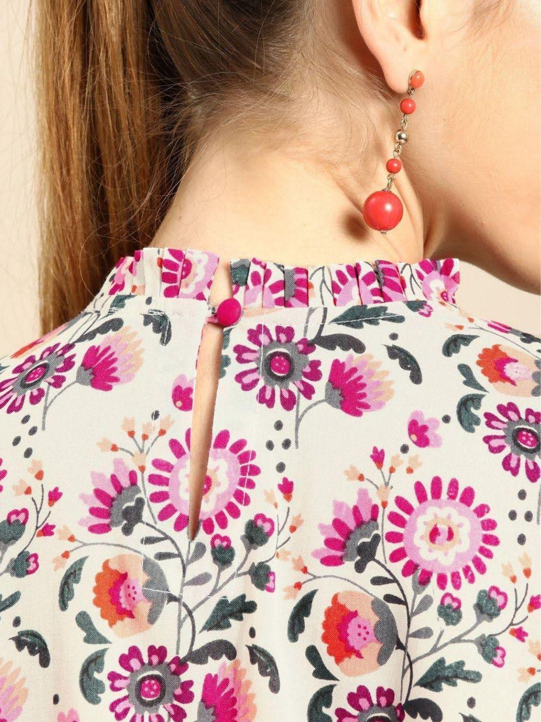 off-white-pink-floral-print-wrap-cape-top-10207113WH, Women Clothing, Cotton Top