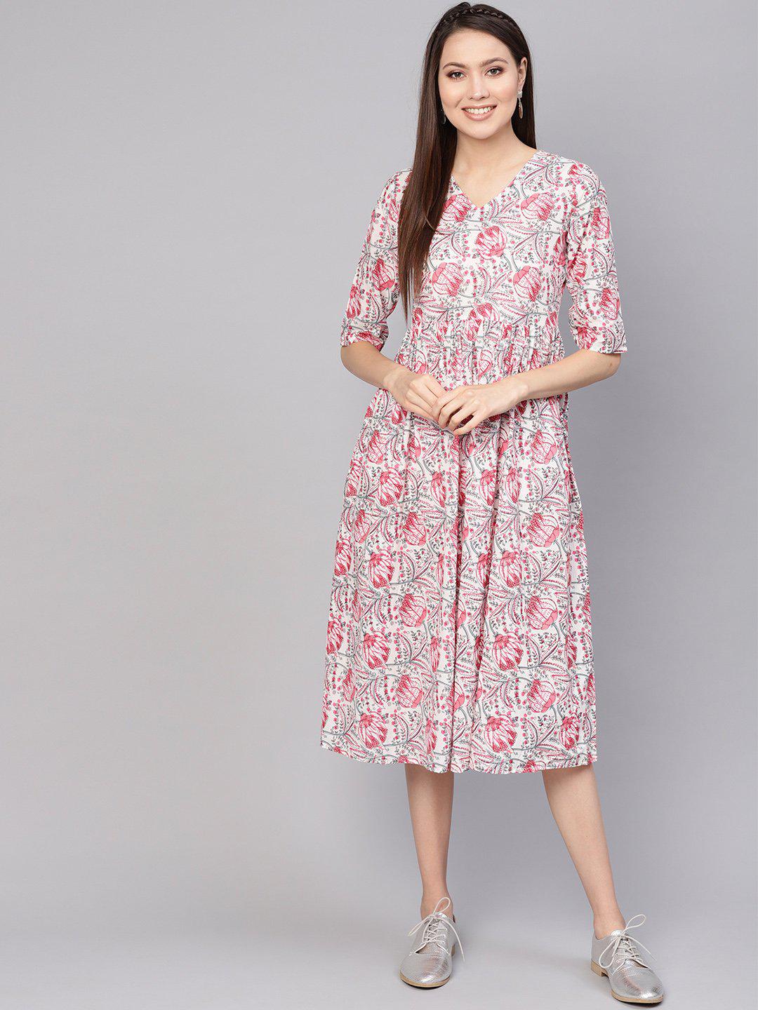 off-white-pink-printed-a-line-dress-10804005WH, Women Clothing, Cotton Dress