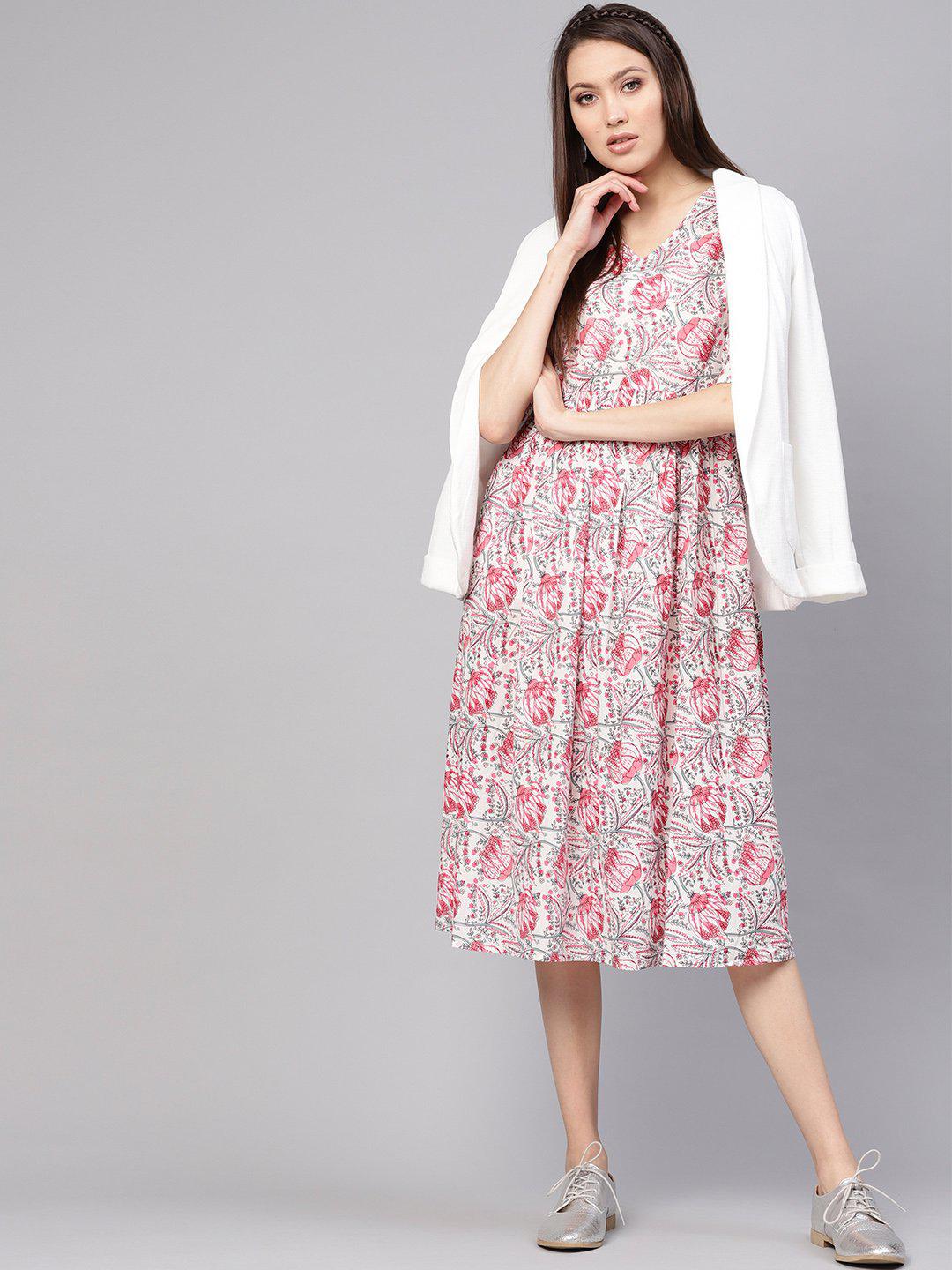 off-white-pink-printed-a-line-dress-10804005WH, Women Clothing, Cotton Dress