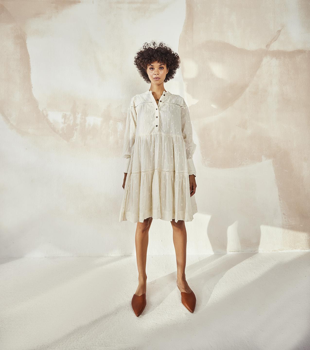 off-white-polka-embroidered-fit-and-flare-tiered-mulmul-dress-11904072WH, Women Clothing, Mulmul Dress