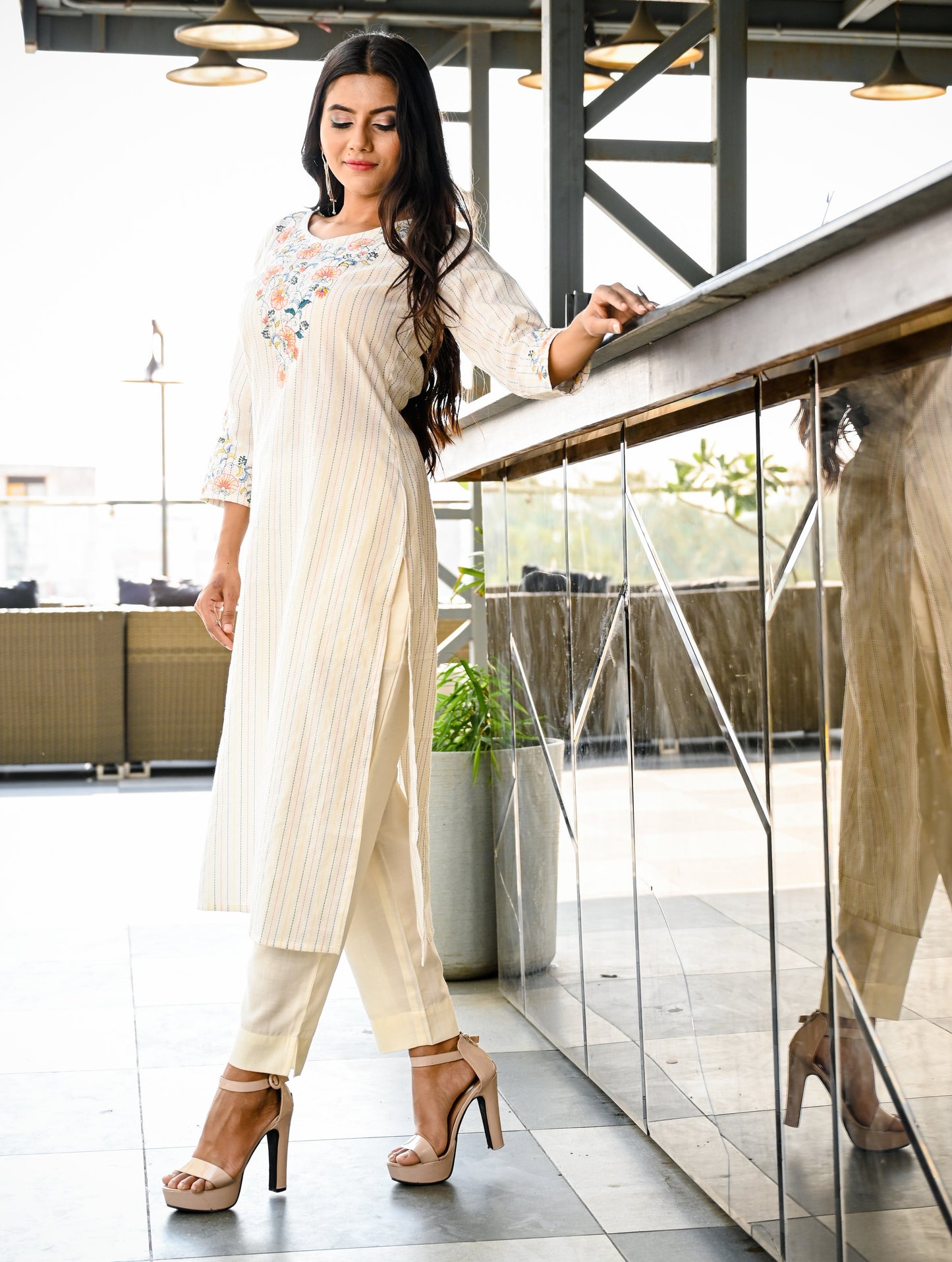 offwhite-embroidered-straight-kurta-10101009WH, Women Indian Ethnic Clothing, Viscose Cotton Kurta