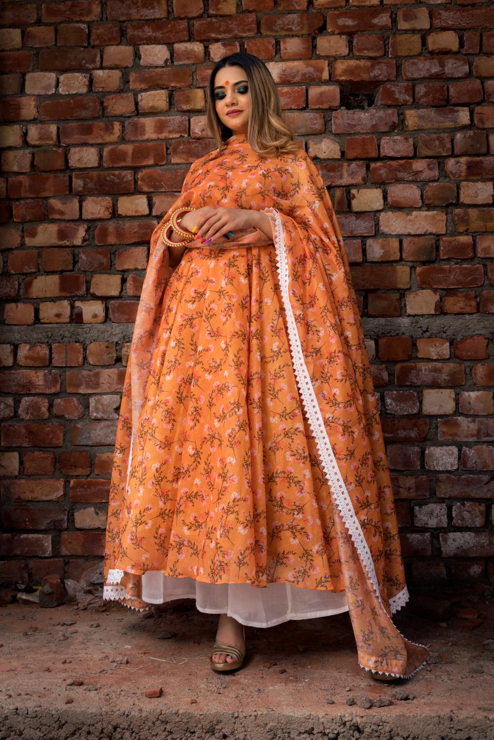orange-printed-modal-anrakali-set-11403144OR, Women Indian Ethnic Clothing, Cotton Kurta Set Dupatta