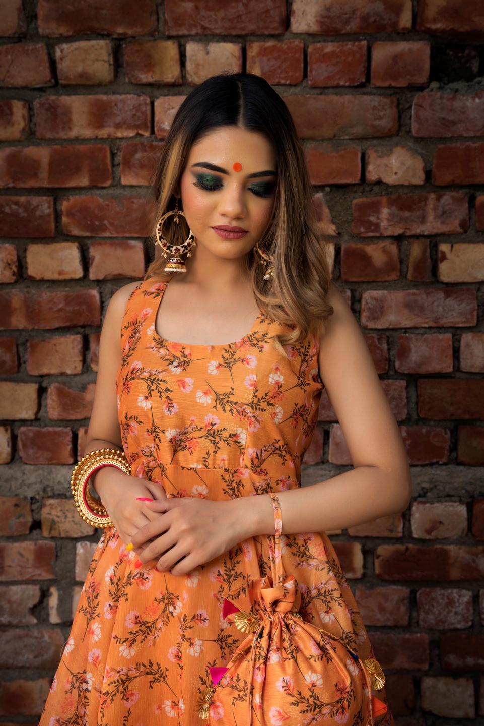 orange-printed-modal-anrakali-set-11403144OR, Women Indian Ethnic Clothing, Cotton Kurta Set Dupatta