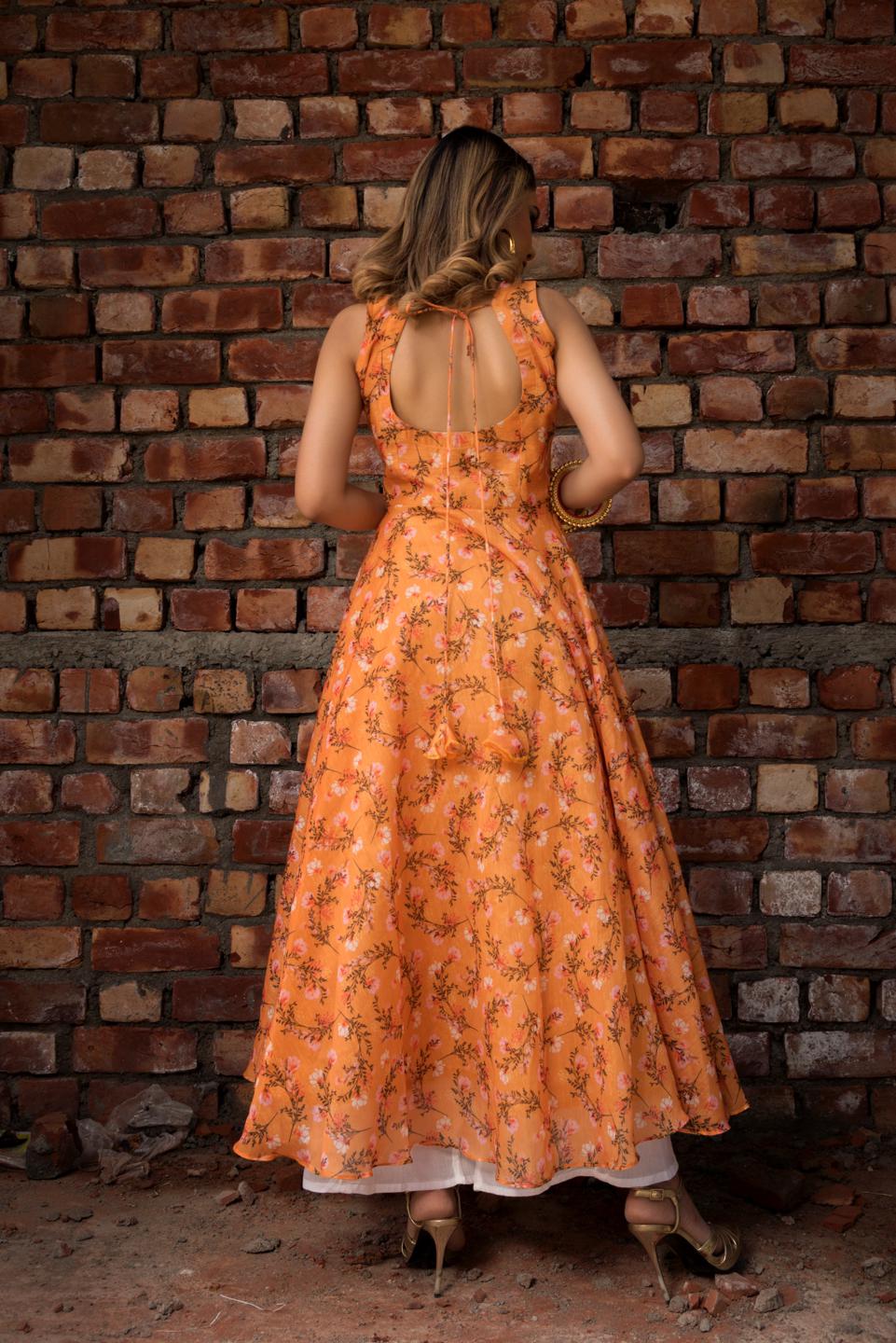 orange-printed-modal-anrakali-set-11403144OR, Women Indian Ethnic Clothing, Cotton Kurta Set Dupatta