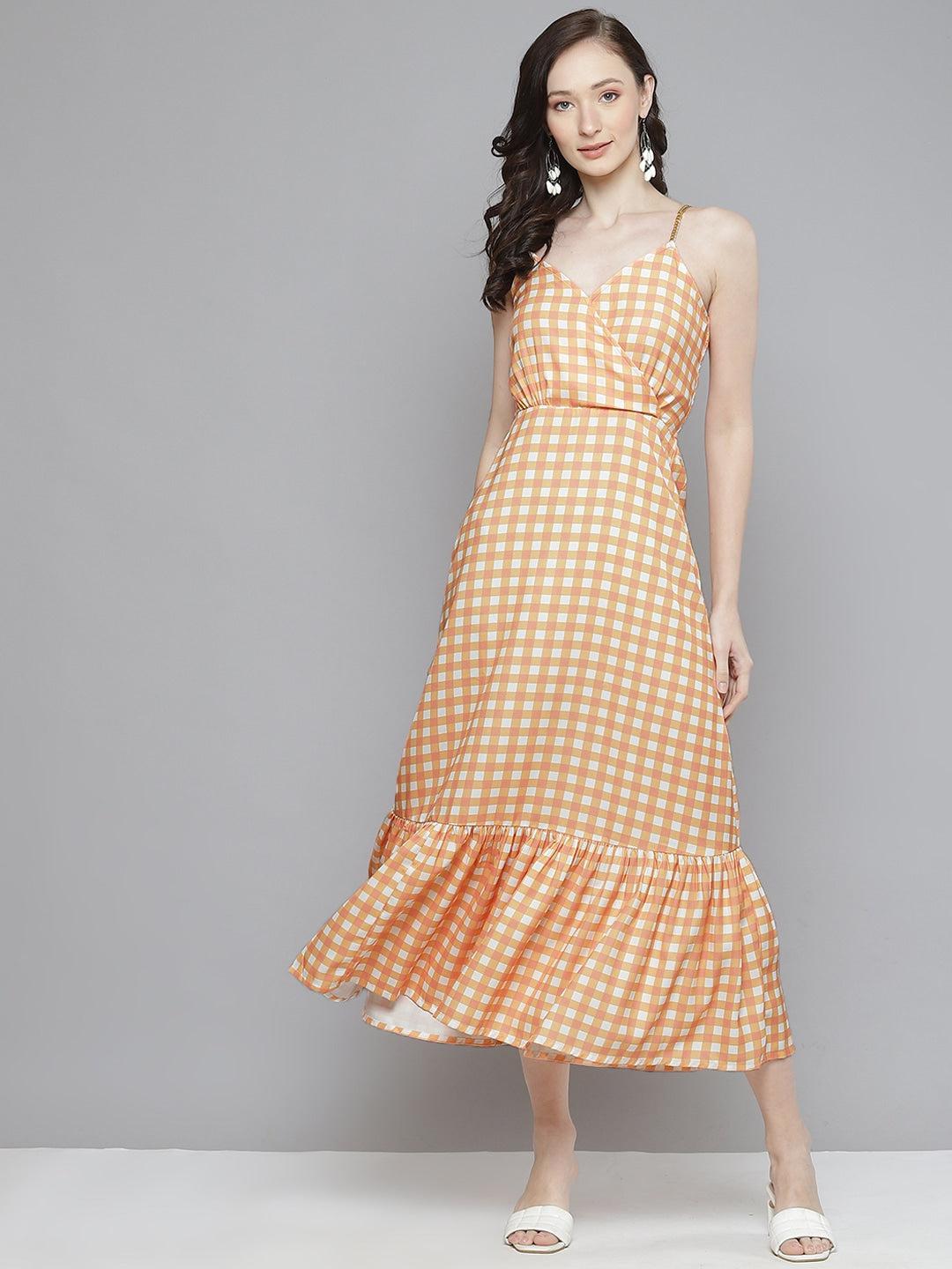 orange and white check dress Orange & White Check Strappy Maxi M
