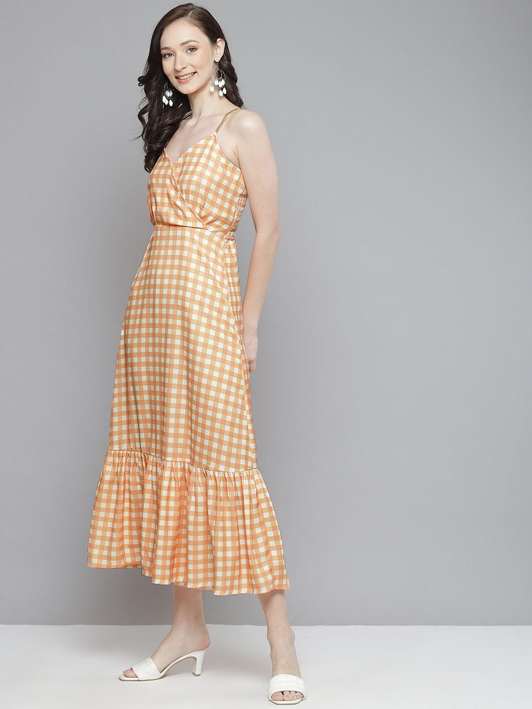 orange-white-check-strappy-maxi-10704004OR, Women Clothing, Poly Moss Dress