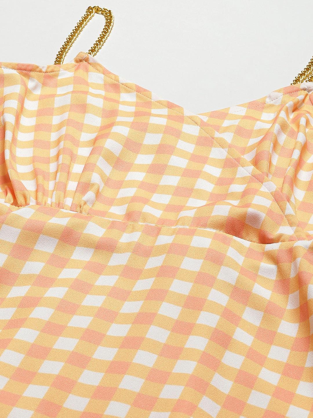 orange-white-check-strappy-maxi-10704004OR, Women Clothing, Poly Moss Dress