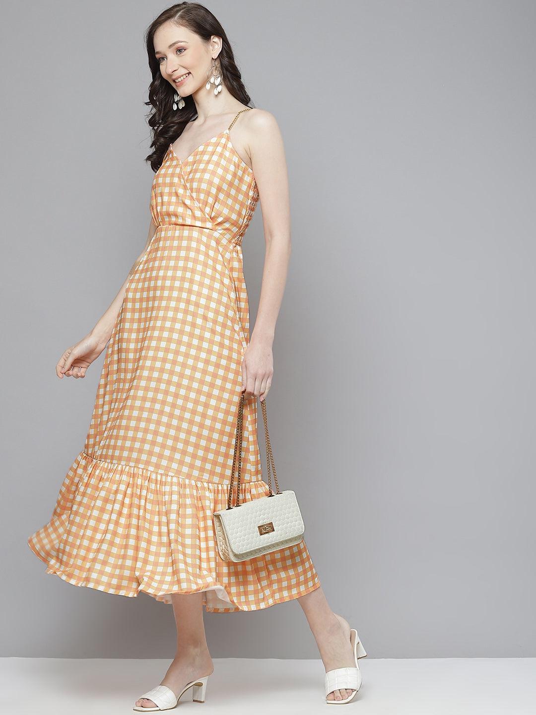 orange-white-check-strappy-maxi-10704004OR, Women Clothing, Poly Moss Dress