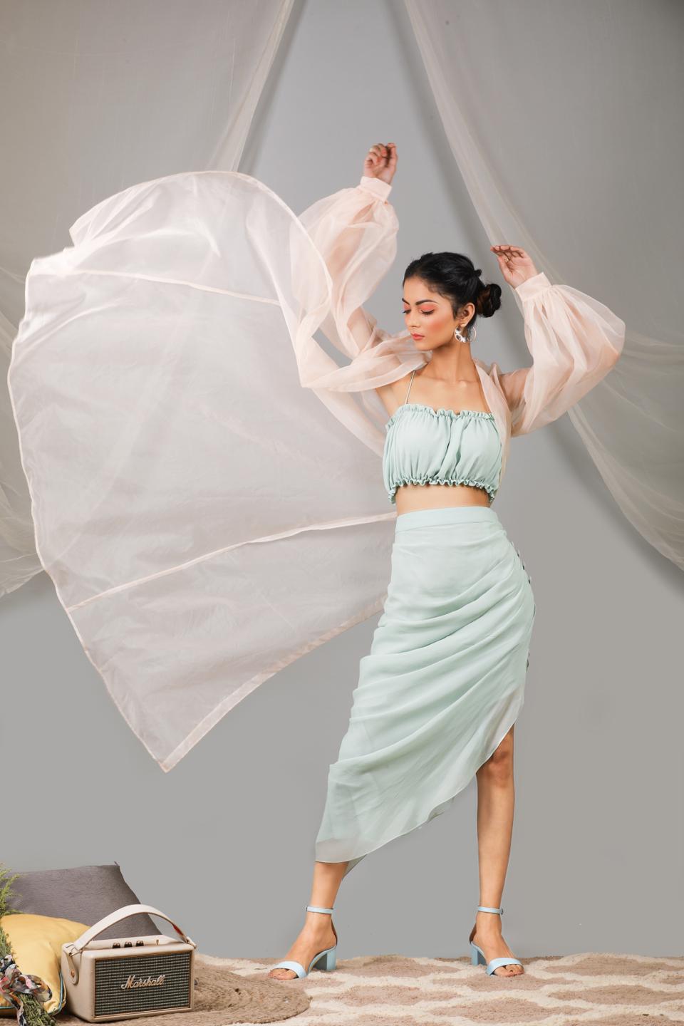 Organza Puff Sleeve Long Jacket With Top And Cowl Skirt online in