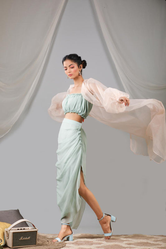 organza-puff-sleeve-long-jacket-with-top-and-cowl-skirt-11740083GR, Women Clothing, Georgette Matching Set