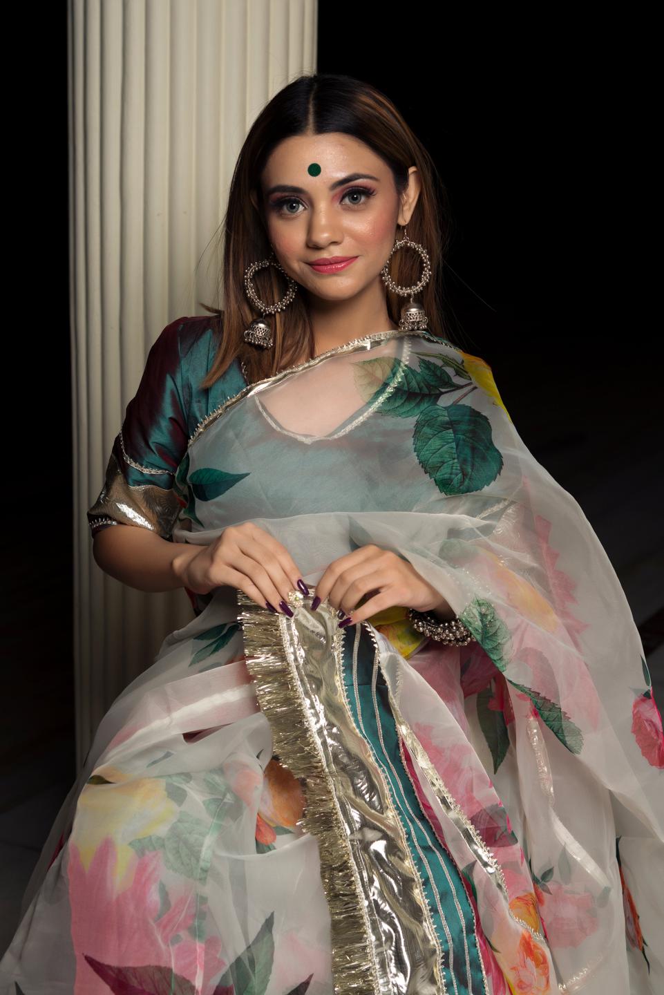 organza-silk-off-white-saree-with-taffeta-green-blouse-11422086WH, Women Indian Ethnic Clothing, Organza Saree